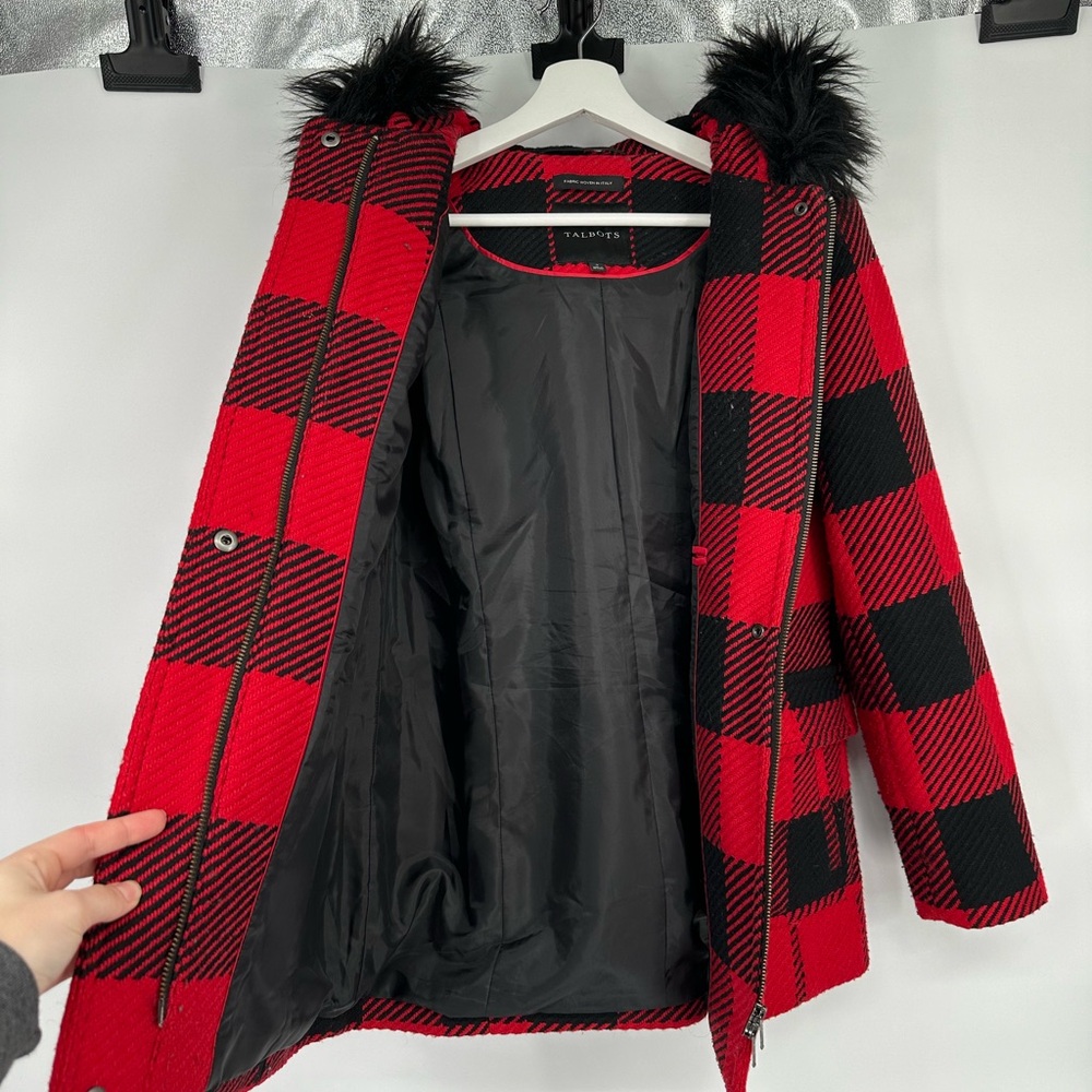 Talbots Faux Fur Trim Wool Blend in Buffalo Check Coat Sz 2 - Picture 7 of 7